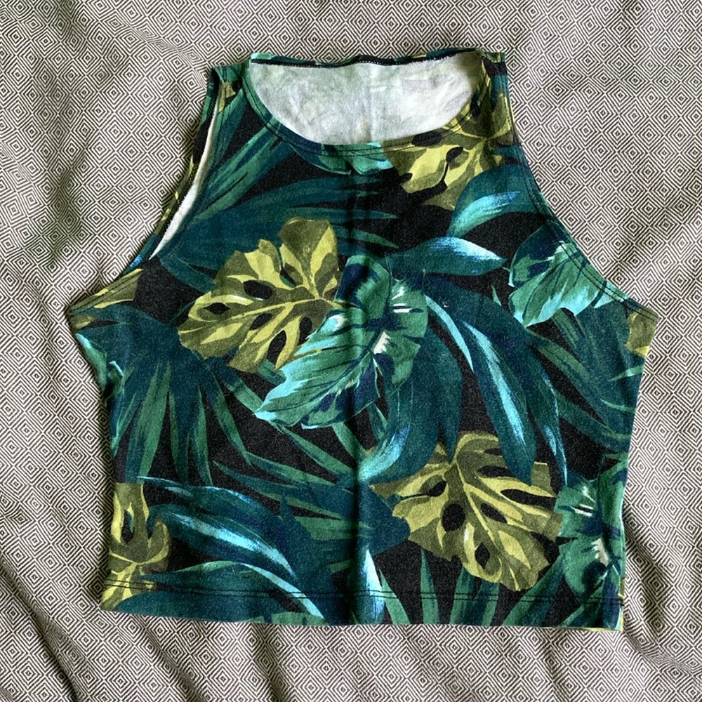 American Apparel jungle leaf monstera halter crop tank top